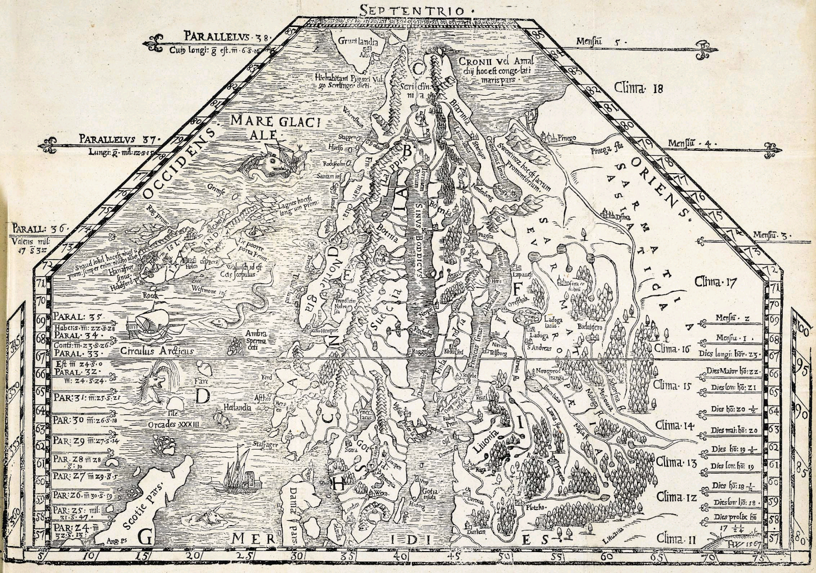 1567 г. Historia De gentibus septentrionalibus Картограф Olaus Magnus. Отпечатано в Базеле.