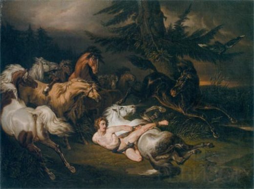 И. В. Наль. Мазепа, окружённый дикими лошадьми. 1830