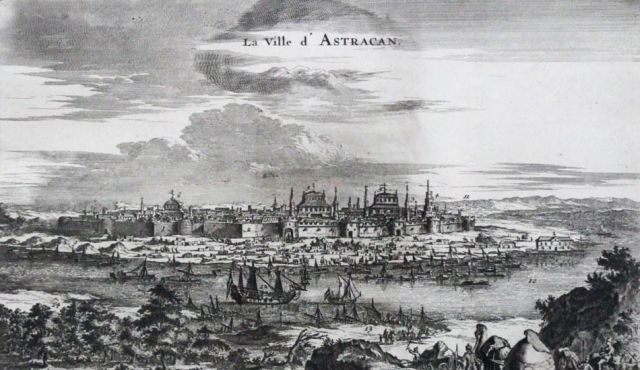 Конраад Деккер. Вид города Астрахани и фрегата "Орёл" с флотилией. 1670.