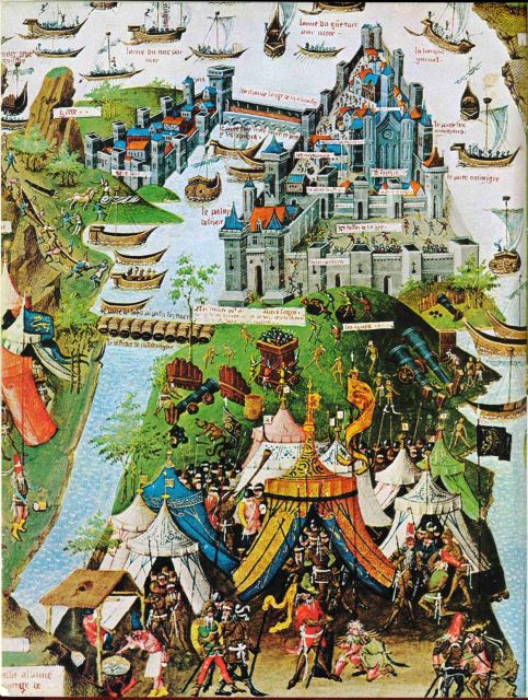 Осада Константинополя турками в 1453 г. Миниатюра из «Путешествия за моря» Бертрандона де ла Брокье. 2-я пол. XV в.