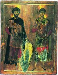 Великомученики Димитрий Солунский и Феодор Стратилат. Икона. XIII в. (мон-рь вмц. Екатерины на Синае)